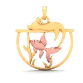 18k Fish Bowl Shaped Gold Pendant With Yellow Gold Fish & A Cat On Top From Online Exclusive Collection
