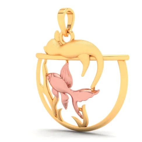 18k Fish Bowl Shaped Gold Pendant With Yellow Gold Fish & A Cat On Top From Online Exclusive Collection