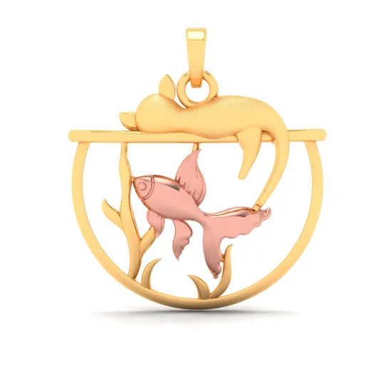 18k Fish Bowl Shaped Gold Pendant With Yellow Gold Fish & A Cat On Top From Online Exclusive Collection
