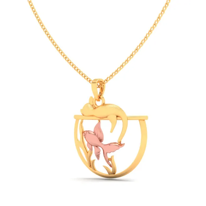 18k Fish Bowl Shaped Gold Pendant With Yellow Gold Fish & A Cat On Top From Online Exclusive Collection