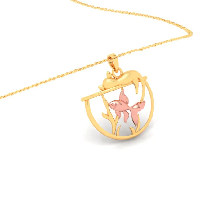 18k Fish Bowl Shaped Gold Pendant With Yellow Gold Fish & A Cat On Top From Online Exclusive Collection