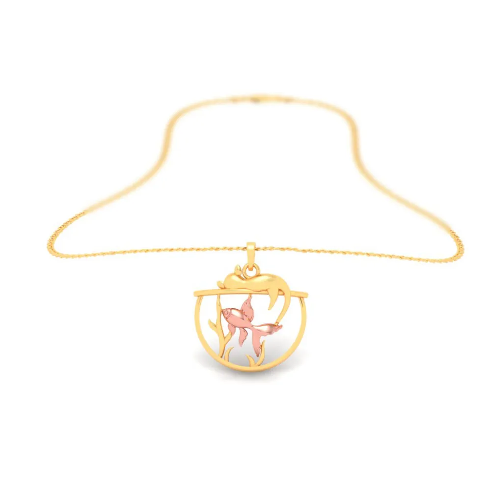 18k Fish Bowl Shaped Gold Pendant With Yellow Gold Fish & A Cat On Top From Online Exclusive Collection