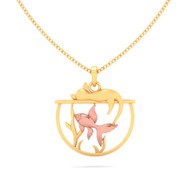18k Fish Bowl Shaped Gold Pendant With Yellow Gold Fish & A Cat On Top From Online Exclusive Collection