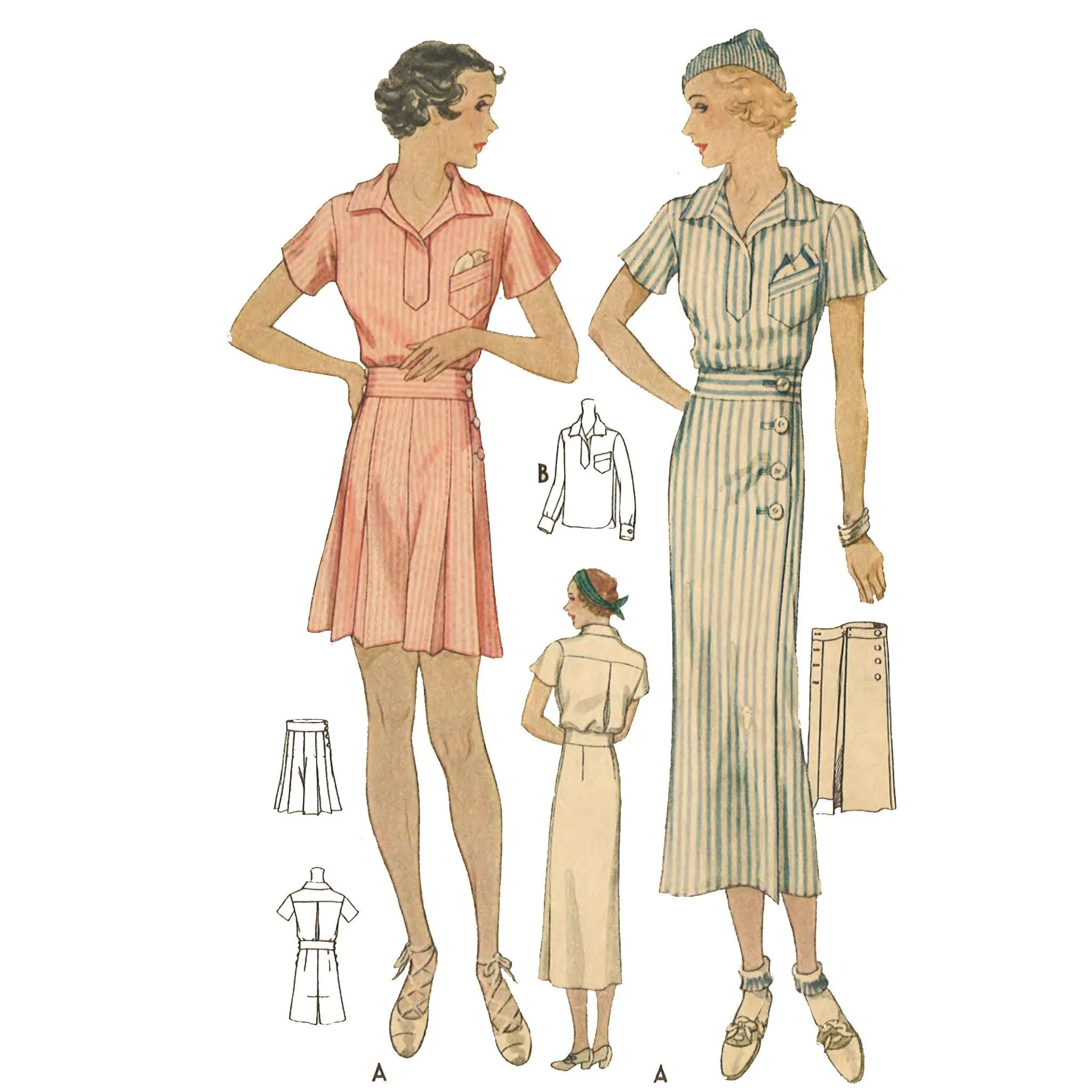 1930s Pattern, Women's Sports Blouse, Skirt & Shorts - Bust 32" (81.3cm)