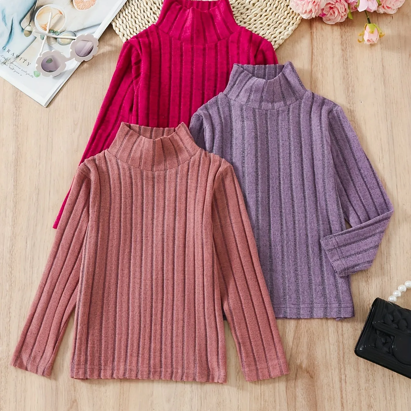 3-Piece Girls' Basic Layered Top with Stand-Up Collar and Long Sleeves**