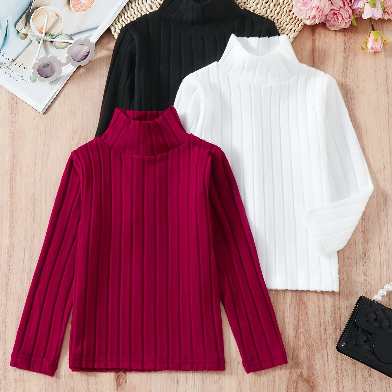 3-Piece Girls' Basic Layered Top with Stand-Up Collar and Long Sleeves**