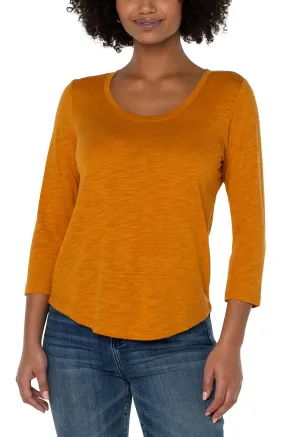 3/4 Sleeve Scoop Neck Slub Knit Top - Rich Gold