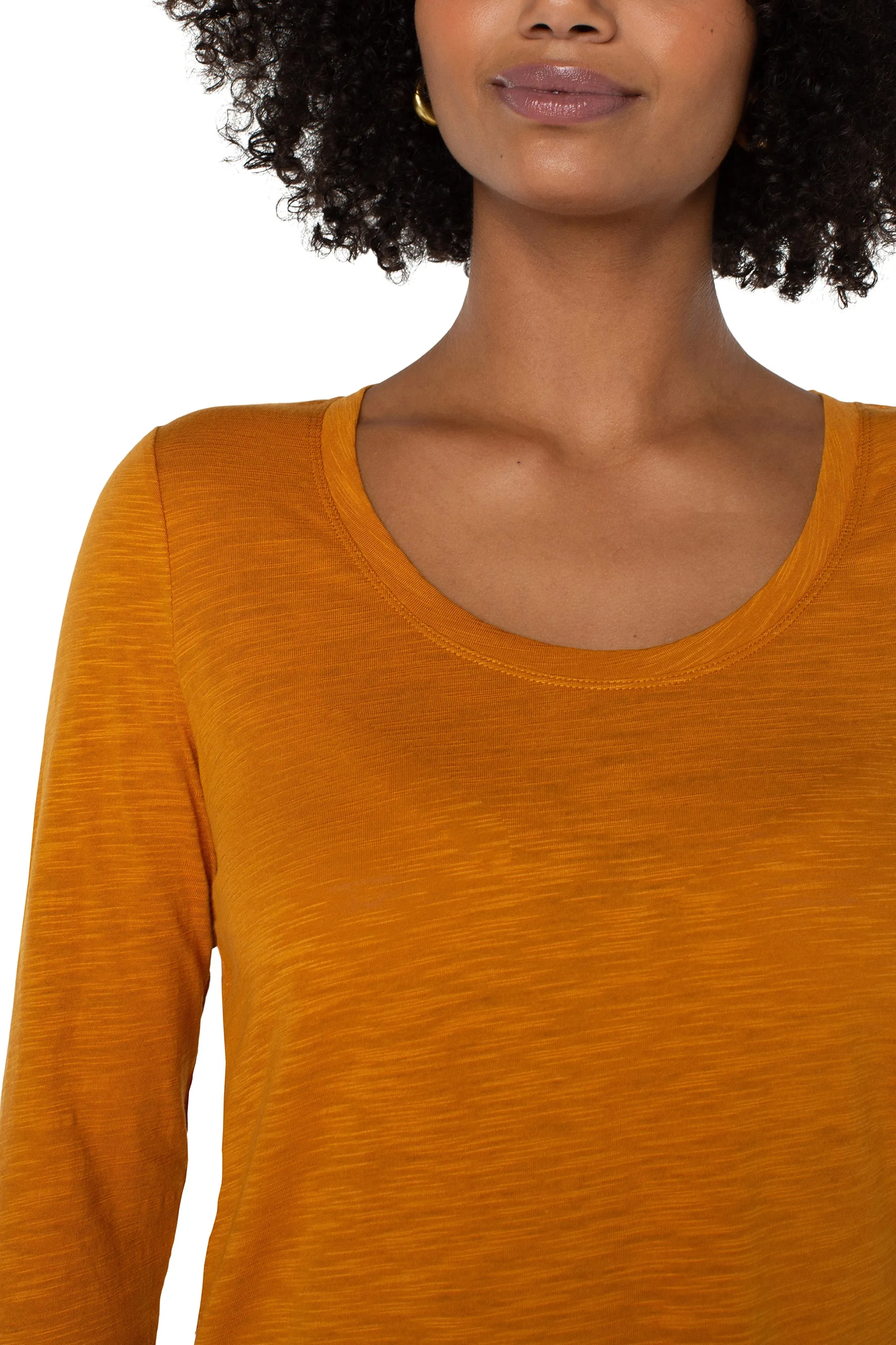 3/4 Sleeve Scoop Neck Slub Knit Top - Rich Gold