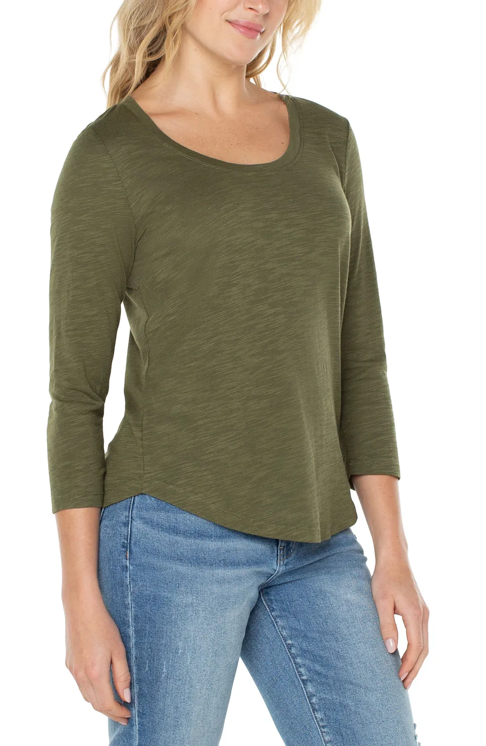 3/4 Sleeve Scoop Neck Slub Knit Top - Smokey Olive