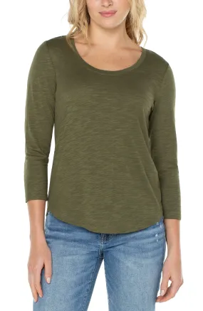 3/4 Sleeve Scoop Neck Slub Knit Top - Smokey Olive