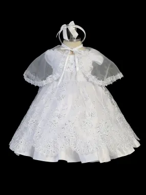 Baby Girls White Organza Satin Rhinestone Cape Baptism Gown 0-12M