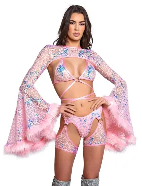 BABY PINK SEQUIN FAUX FUR SHRUG