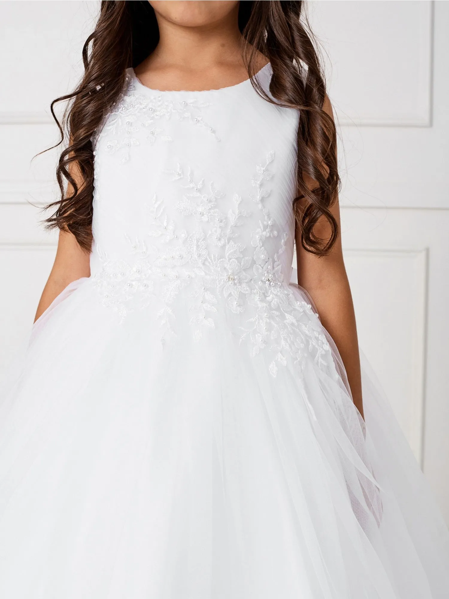Big Girls White Pleated Bodice Floral Applique Junior Bridesmaid Dress 8-14
