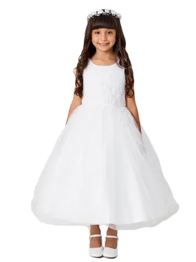 Big Girls White Pleated Bodice Floral Applique Junior Bridesmaid Dress 8-14