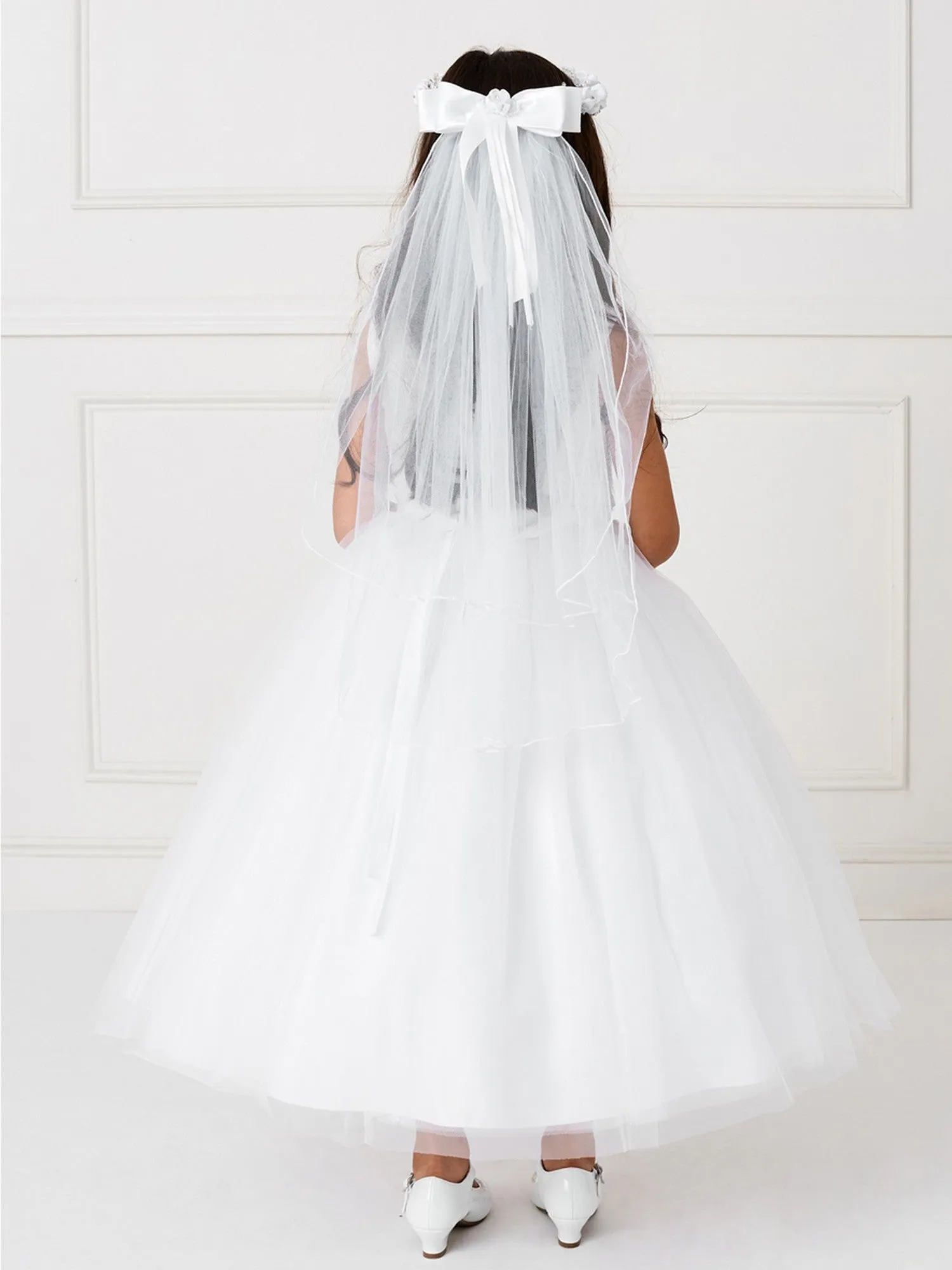 Big Girls White Pleated Bodice Floral Applique Junior Bridesmaid Dress 8-14