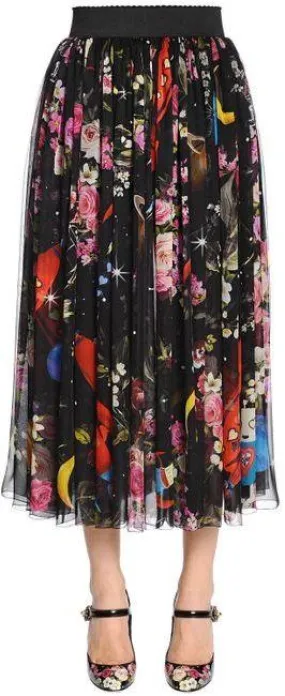 Black Flowers & Space Print Chiffon Midi Skirt.