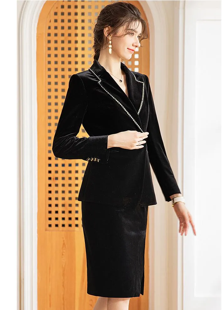 Black Velvet Tailored Short Blazer Split Skirt Set