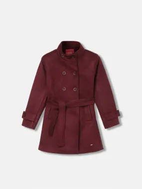 Blue Giraffe Girls Red Solid Stand Collar Full Sleeves Double Breasted Overcoat