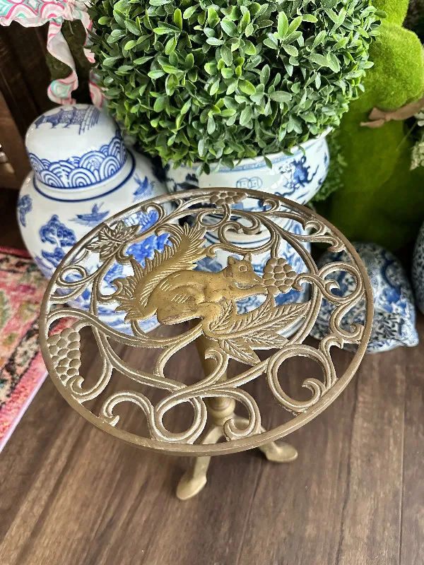 Brass Plant Stand Squirrel Motif, Round Top, Pedestal Base