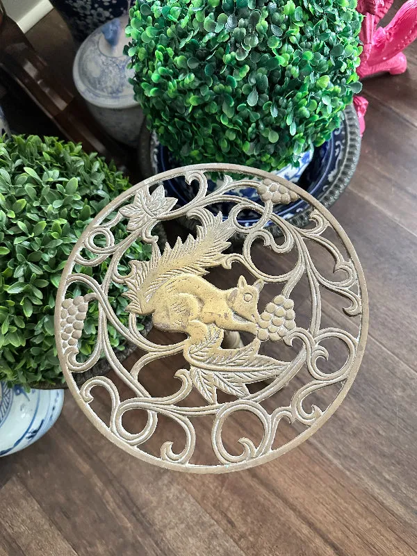 Brass Plant Stand Squirrel Motif, Round Top, Pedestal Base