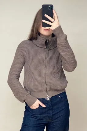 Brown Knit Zipped Funnel Collar Cardigan