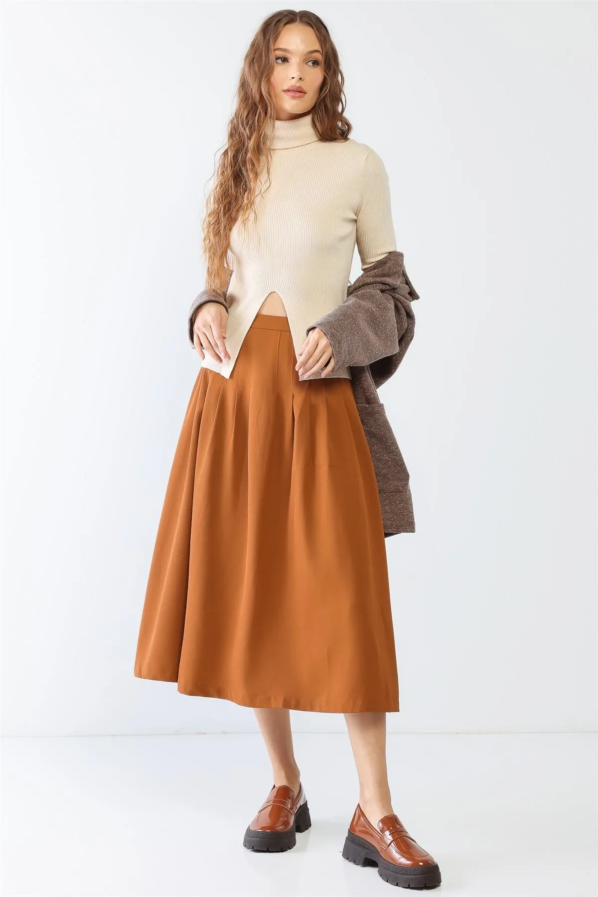 Camel Pleated High Waist Midi Skirt /2-2-2