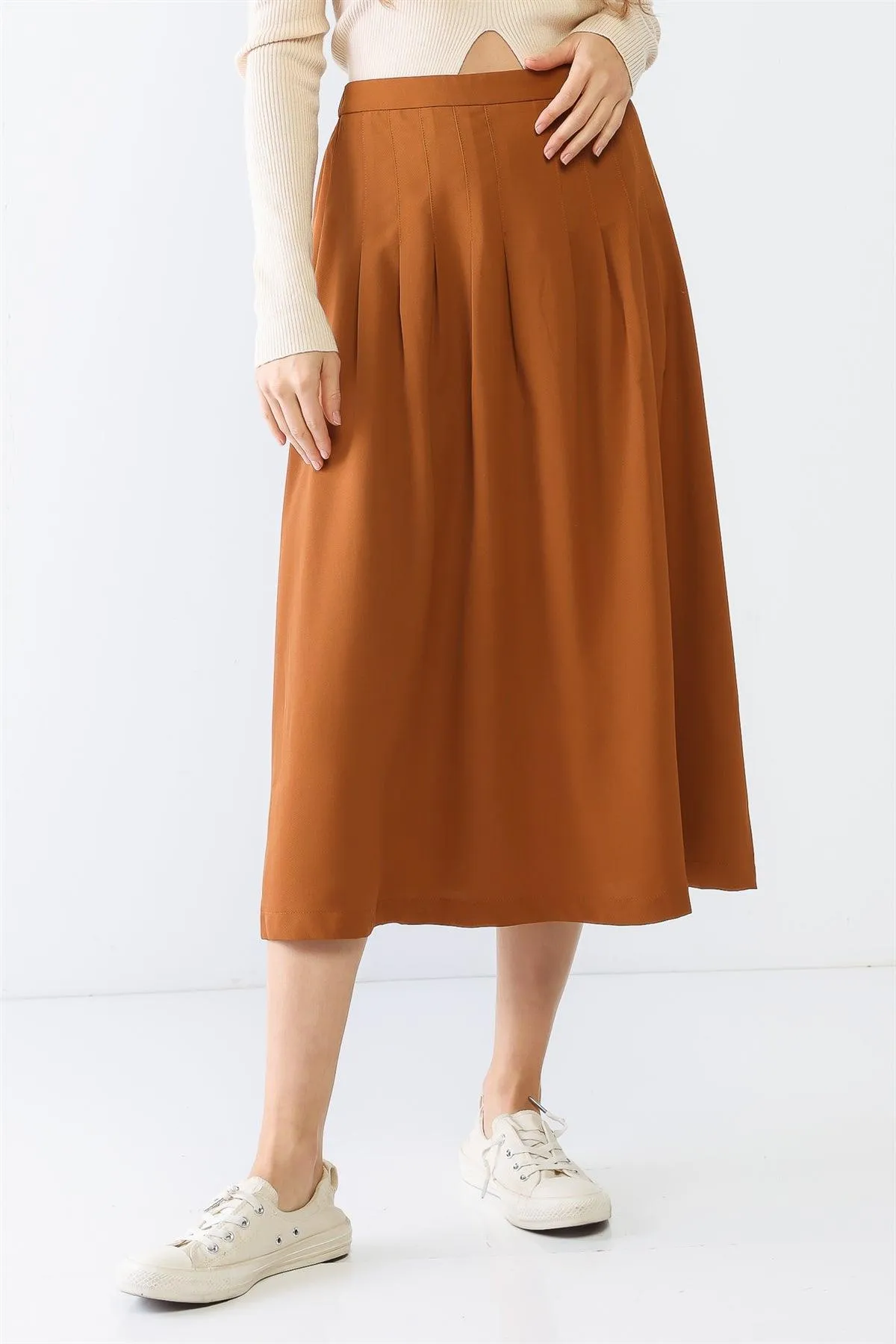Camel Pleated High Waist Midi Skirt /2-2-2
