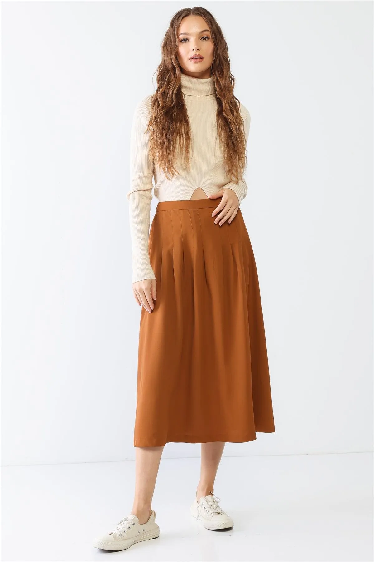 Camel Pleated High Waist Midi Skirt /2-2-2