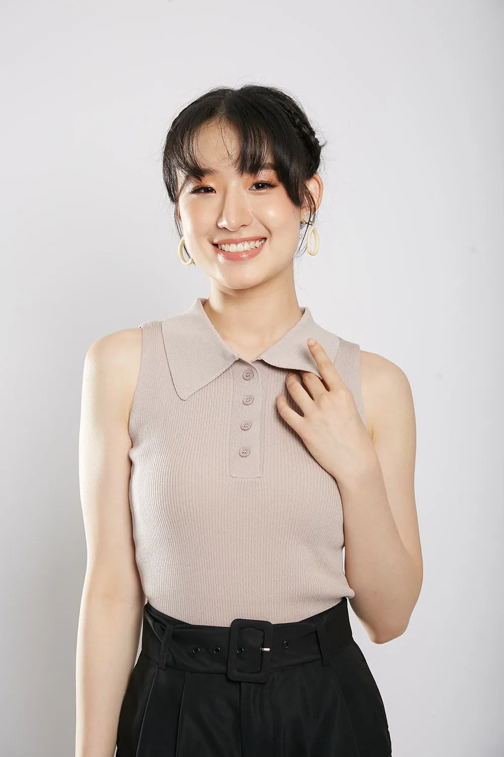 Channa Polo Collar Knit Top in Nude