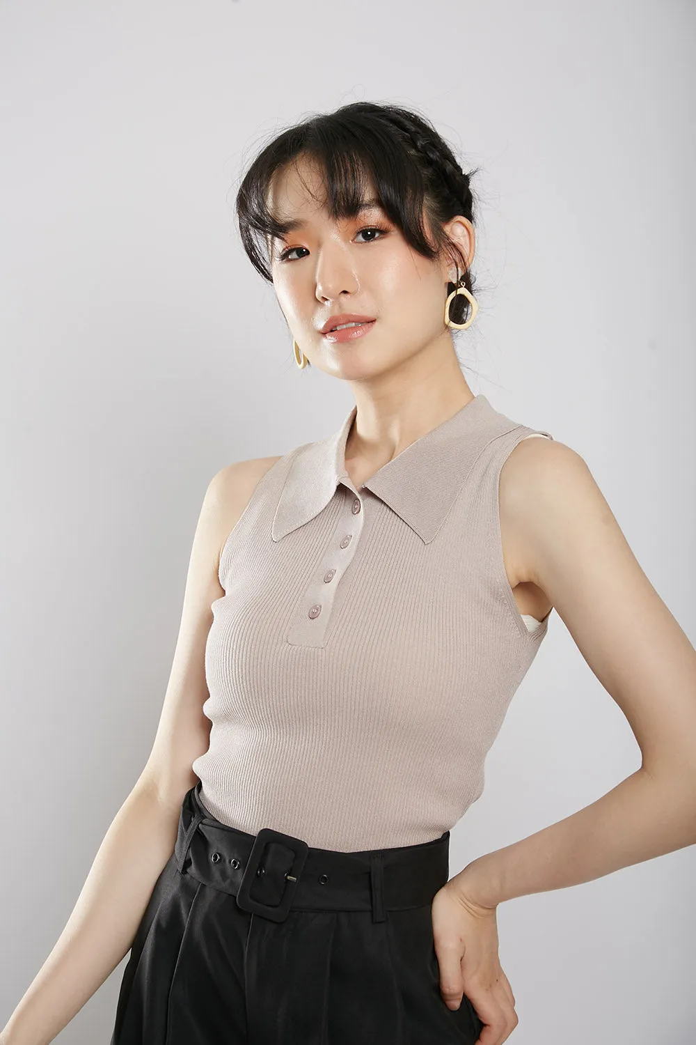 Channa Polo Collar Knit Top in Nude