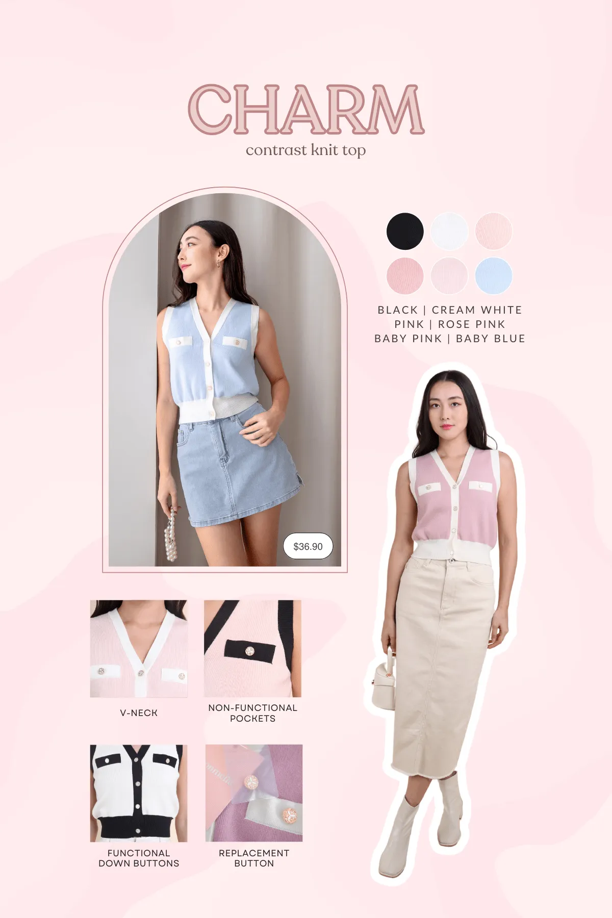 CHARM CONTRAST KNIT TOP IN CREAM WHITE