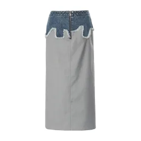 Colorblock Spliced Raw Hem Skirts For Women High Waist Patchwork Zipper Vintage Elegant Skirt Female Fashion Style
