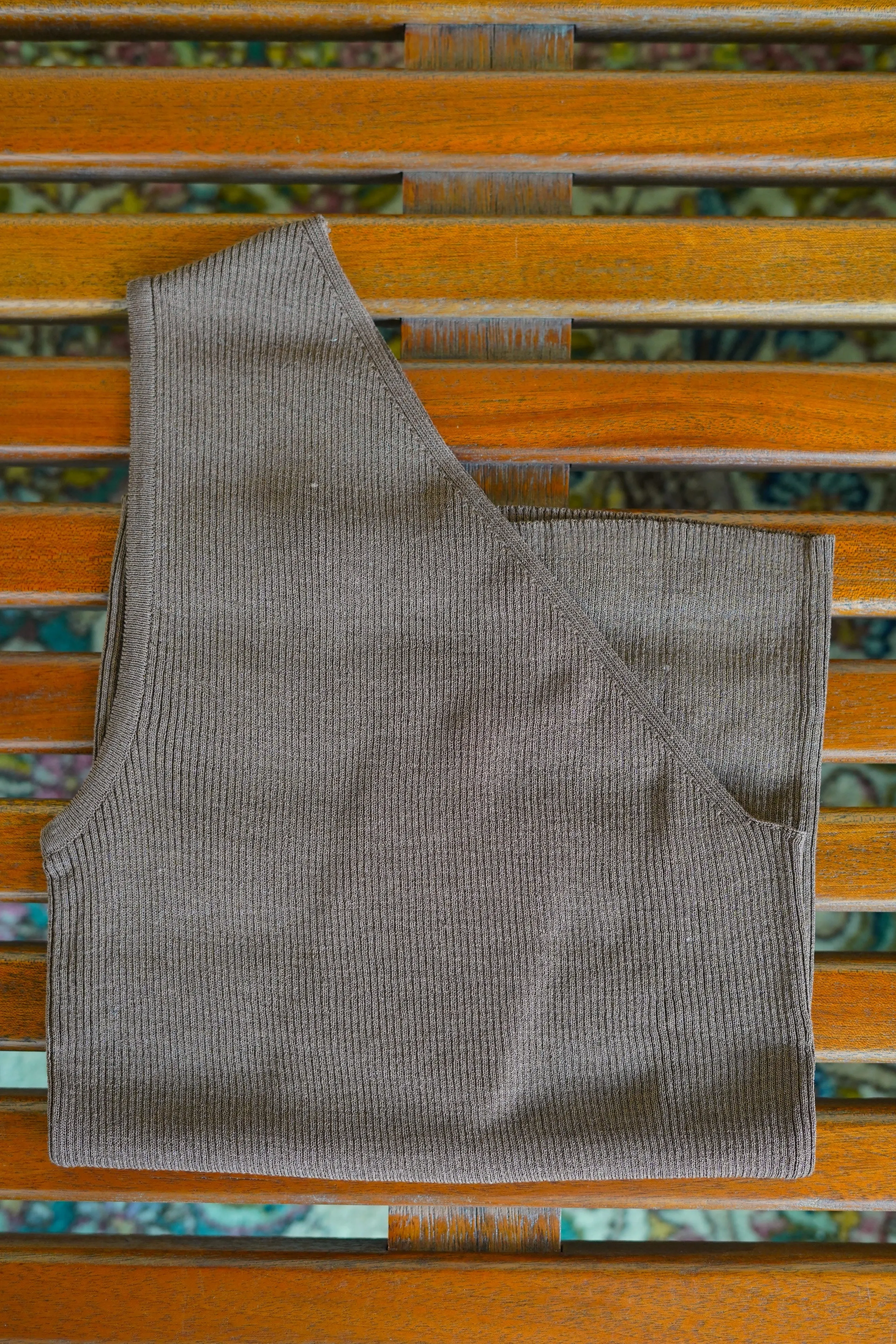 CRISTASEYA<br>RIBBED SILK ASYMMETRICAL TOP<br>in BROWN