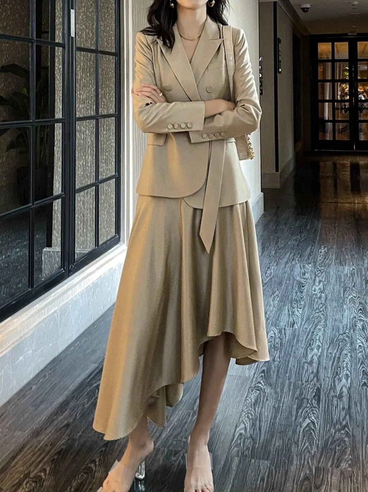 Double Breasted Belted Blazer Symmetric Skirt Two-Piece Set