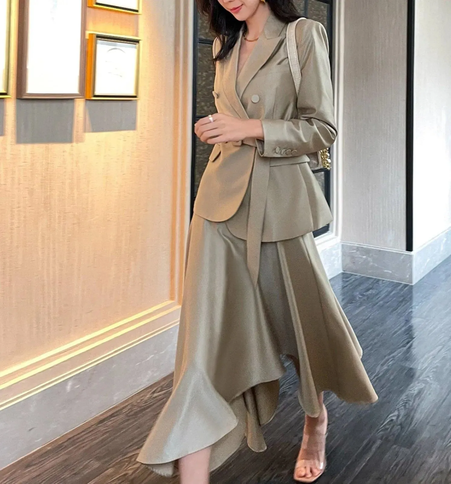 Double Breasted Belted Blazer Symmetric Skirt Two-Piece Set