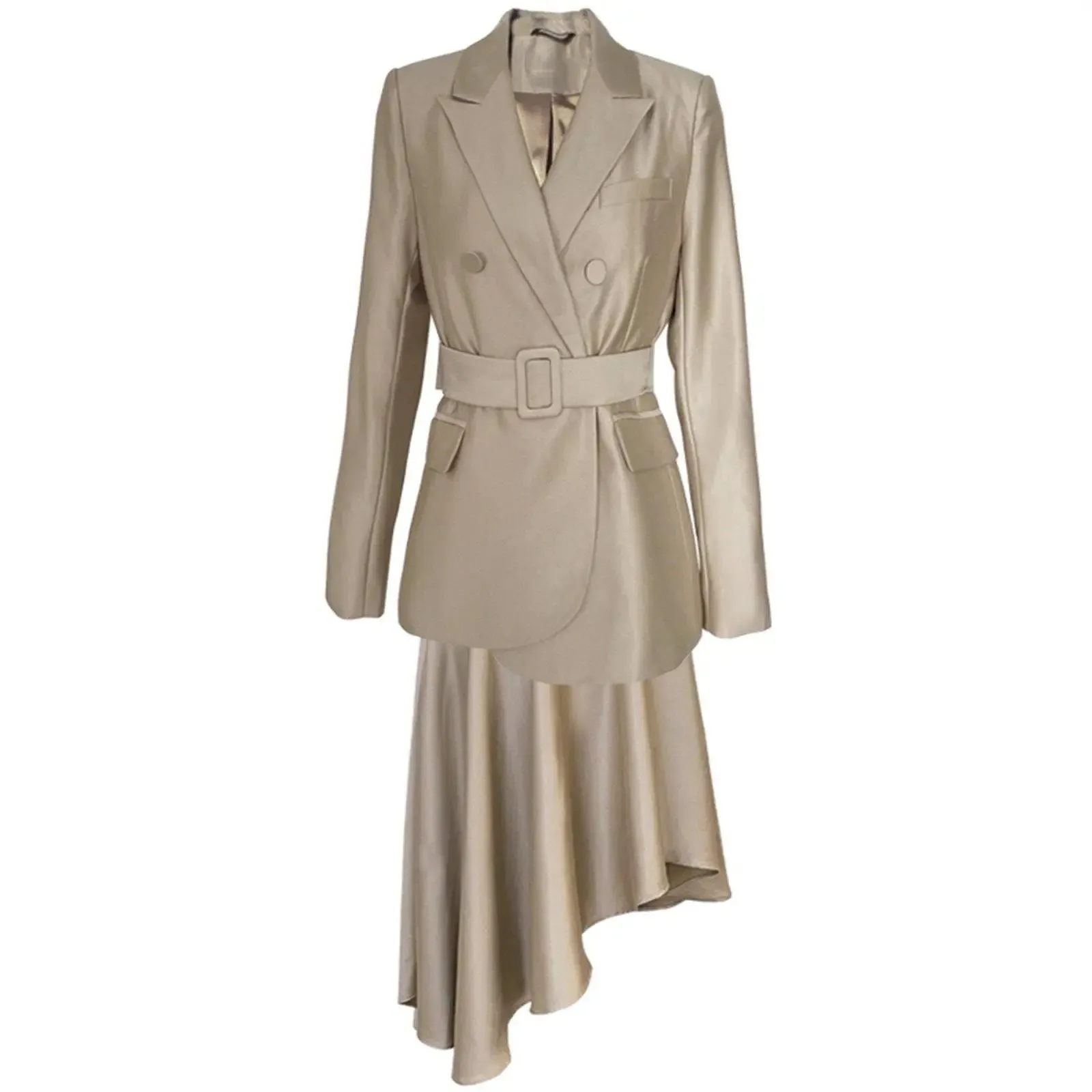Double Breasted Belted Blazer Symmetric Skirt Two-Piece Set