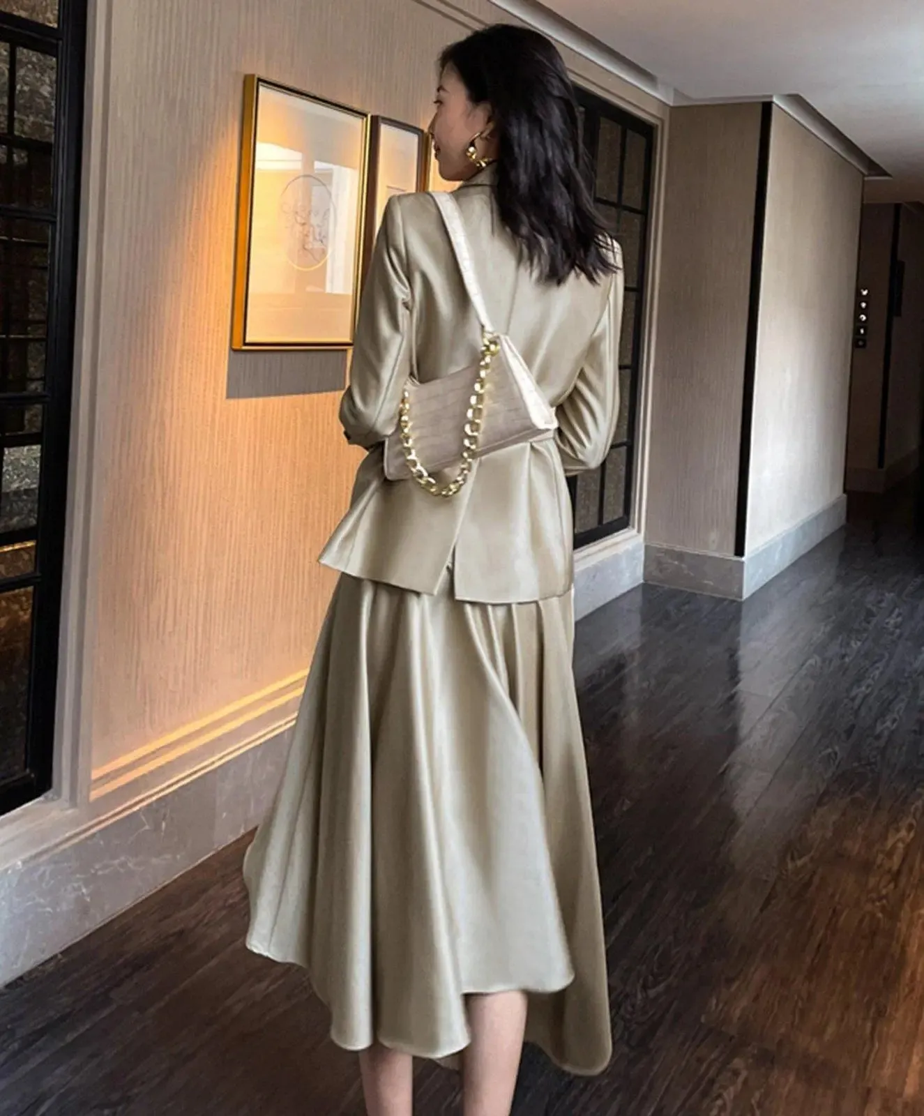 Double Breasted Belted Blazer Symmetric Skirt Two-Piece Set