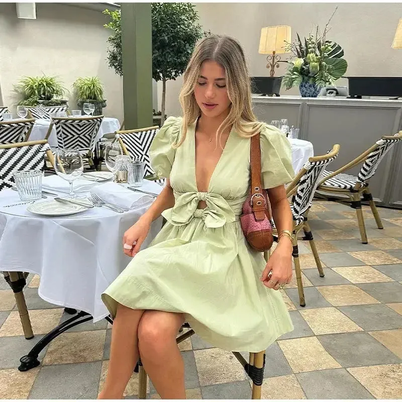 Dual Bow Knot Plunging Neck Pleated Skirts Puff Sleeves Mini Dress