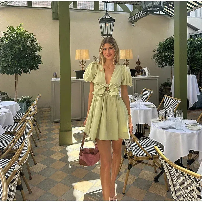 Dual Bow Knot Plunging Neck Pleated Skirts Puff Sleeves Mini Dress