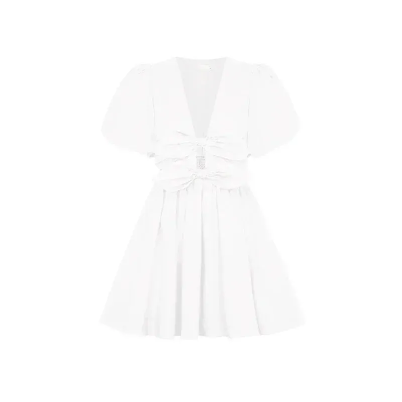 Dual Bow Knot Plunging Neck Pleated Skirts Puff Sleeves Mini Dress
