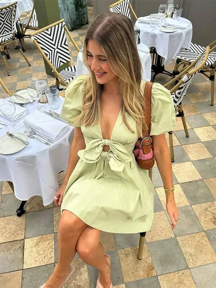 Dual Bow Knot Plunging Neck Pleated Skirts Puff Sleeves Mini Dress