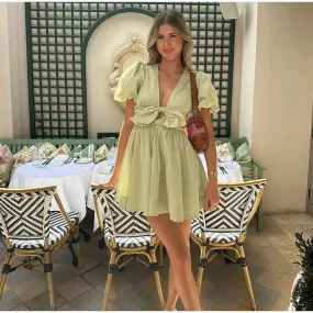 Dual Bow Knot Plunging Neck Pleated Skirts Puff Sleeves Mini Dress
