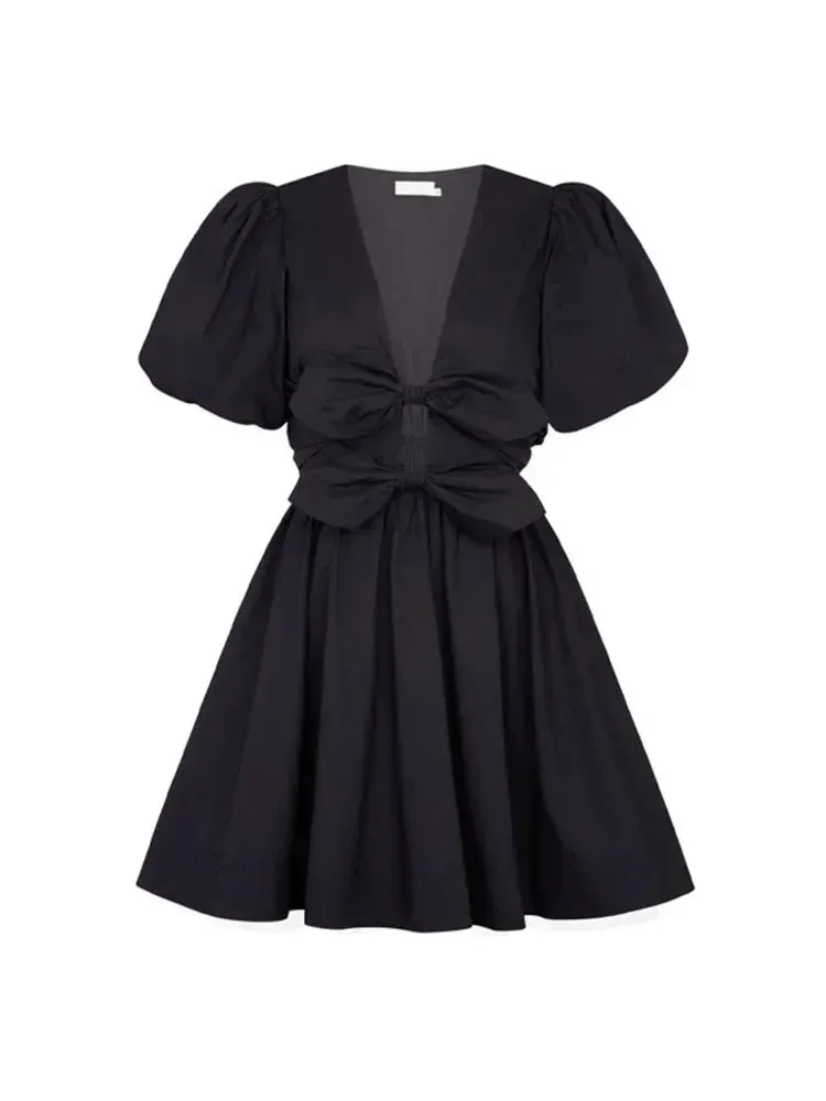 Dual Bow Knot Plunging Neck Pleated Skirts Puff Sleeves Mini Dress