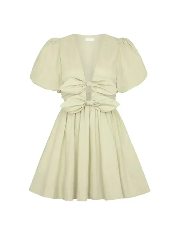 Dual Bow Knot Plunging Neck Pleated Skirts Puff Sleeves Mini Dress
