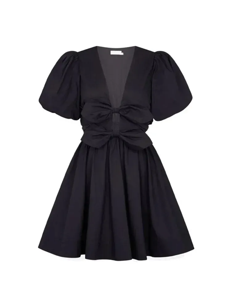 Dual Bow Knot Plunging Neck Pleated Skirts Puff Sleeves Mini Dress