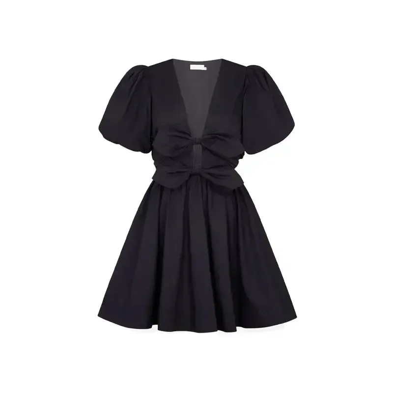 Dual Bow Knot Plunging Neck Pleated Skirts Puff Sleeves Mini Dress