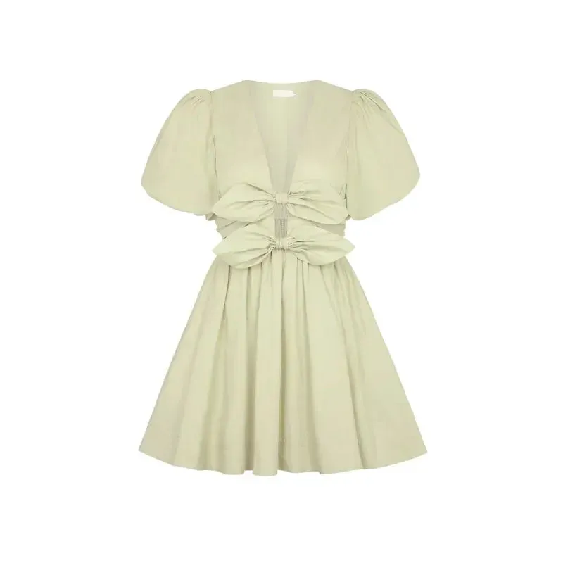Dual Bow Knot Plunging Neck Pleated Skirts Puff Sleeves Mini Dress