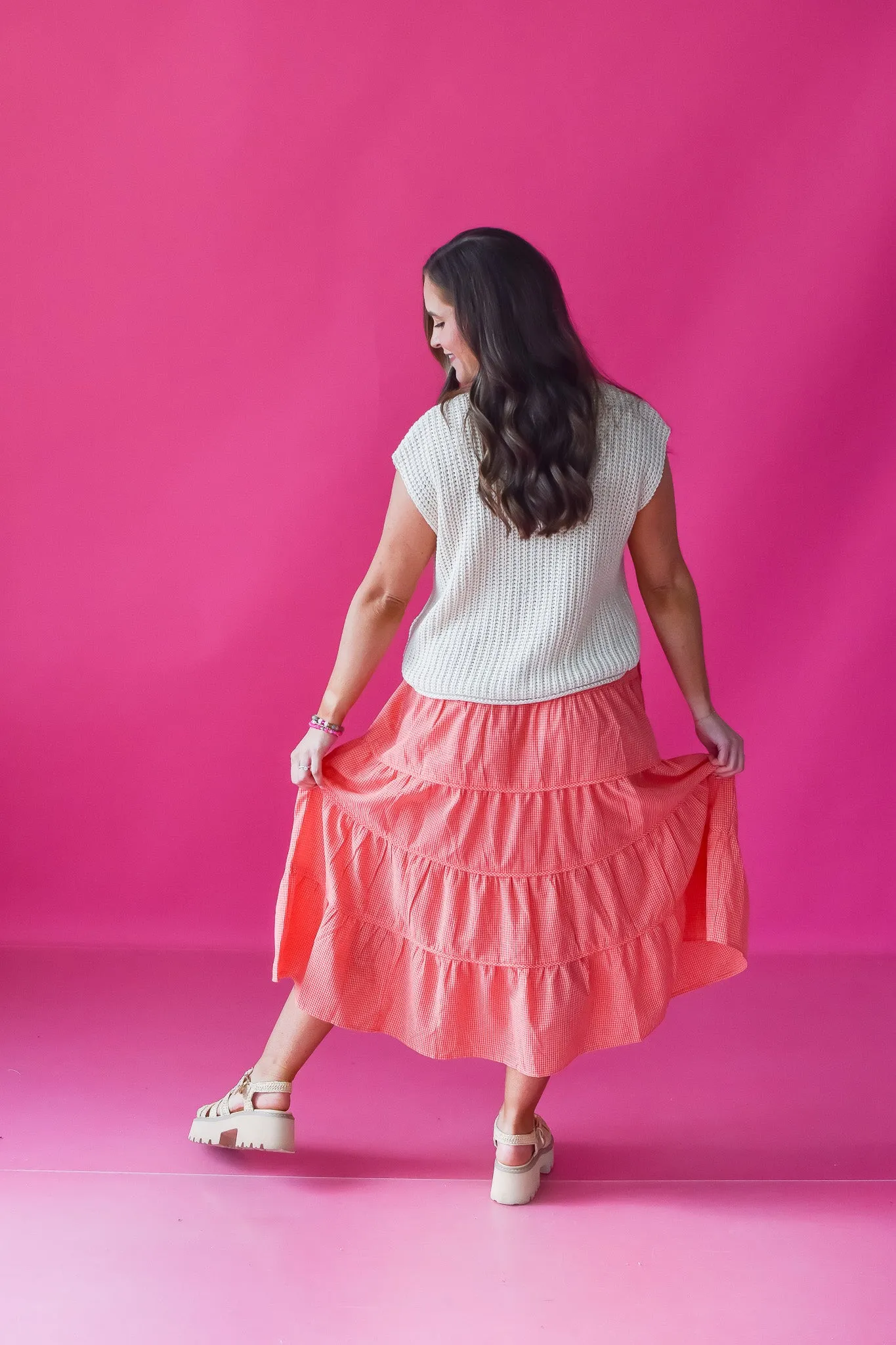 Ella Gingham Midi Skirt in Pink/Red