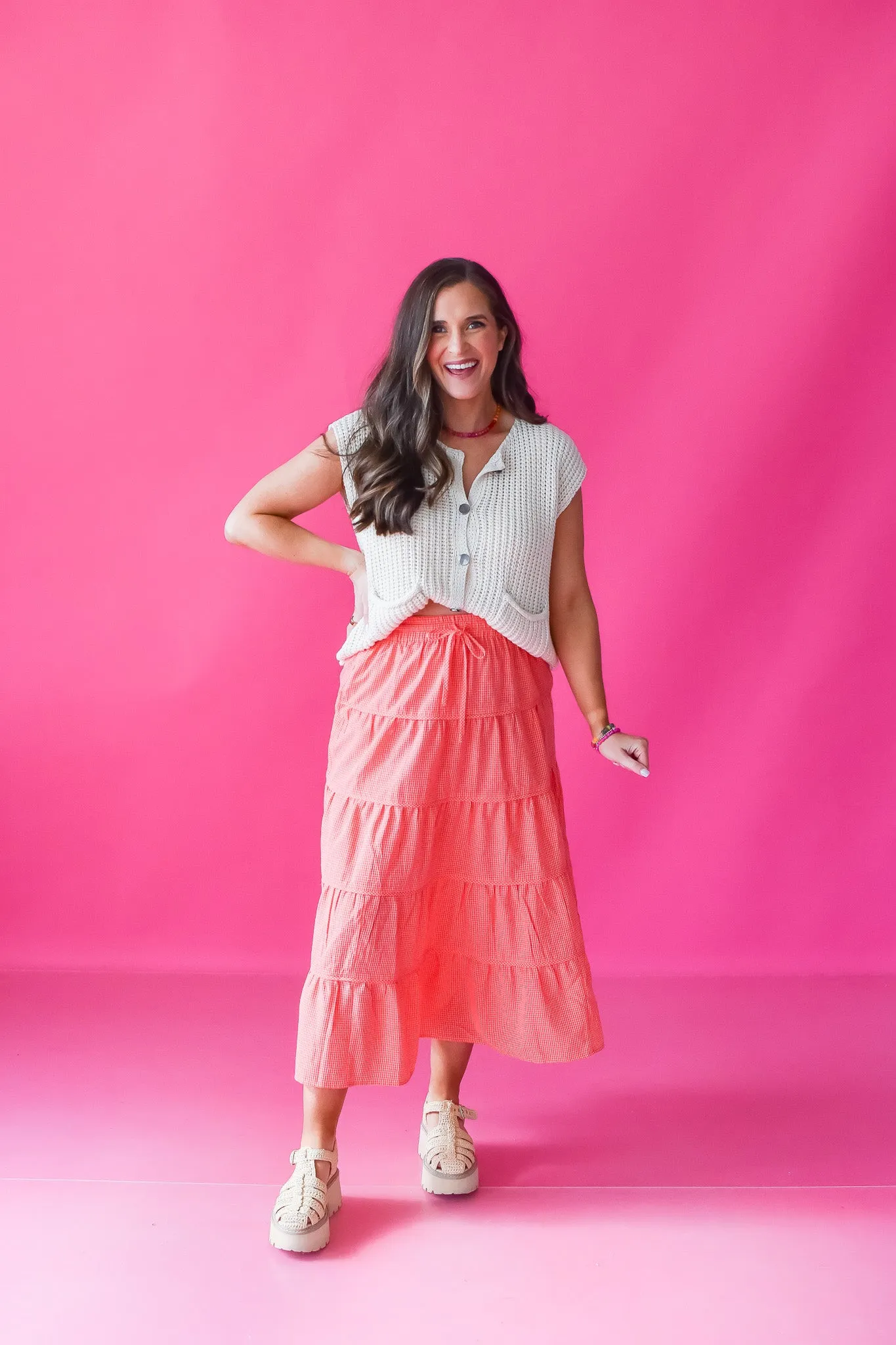 Ella Gingham Midi Skirt in Pink/Red