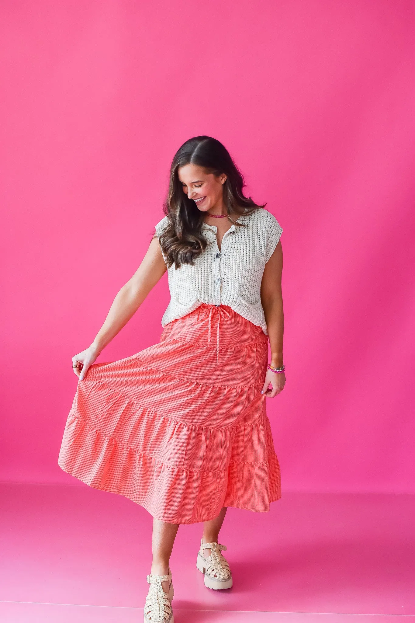 Ella Gingham Midi Skirt in Pink/Red